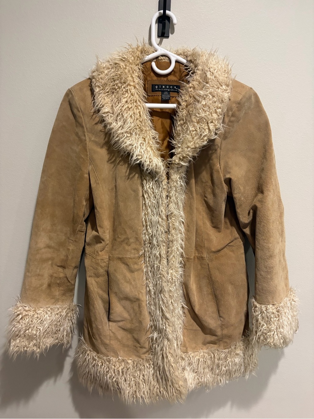 Vintage Giacca Tan Faux-Suede Teddy Jacket with Cream Shearling Trim